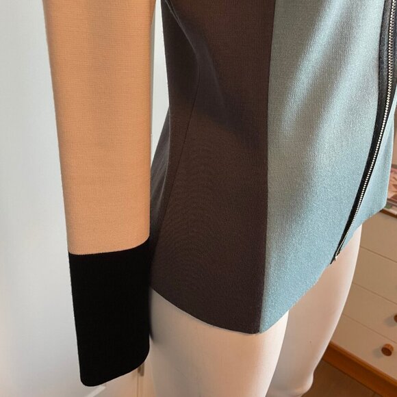 St. John Colorblock Full Zip Wool Rayon Knit Cardigan Blue Cream Grey Blk Sz 4 - Picture 5 of 12
